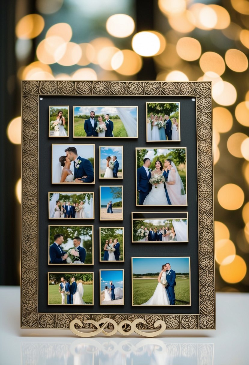 A photo collage metal plaque with wedding-themed images arranged in a decorative pattern