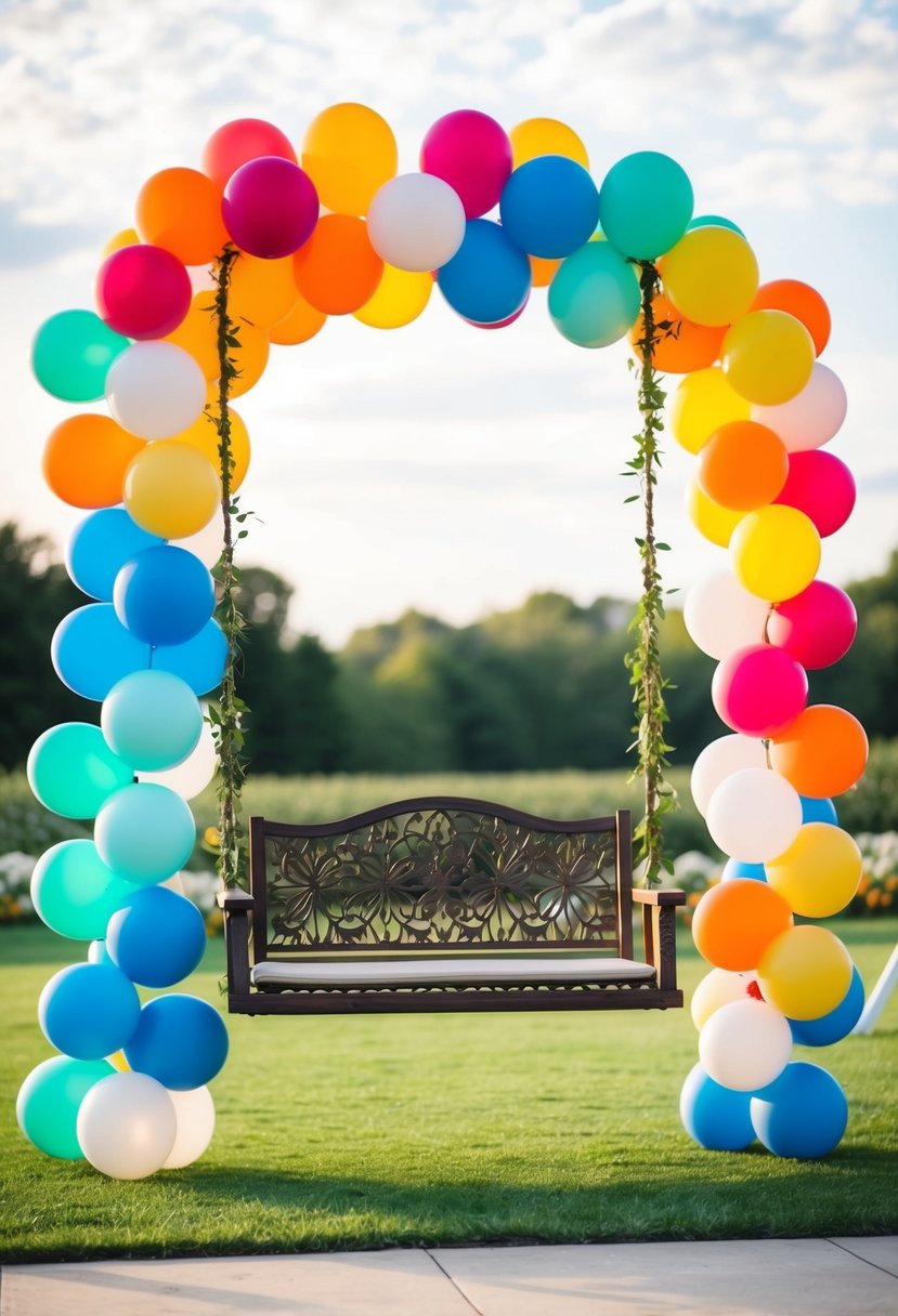 A decorative swing covered in colorful balloons for a wedding arch