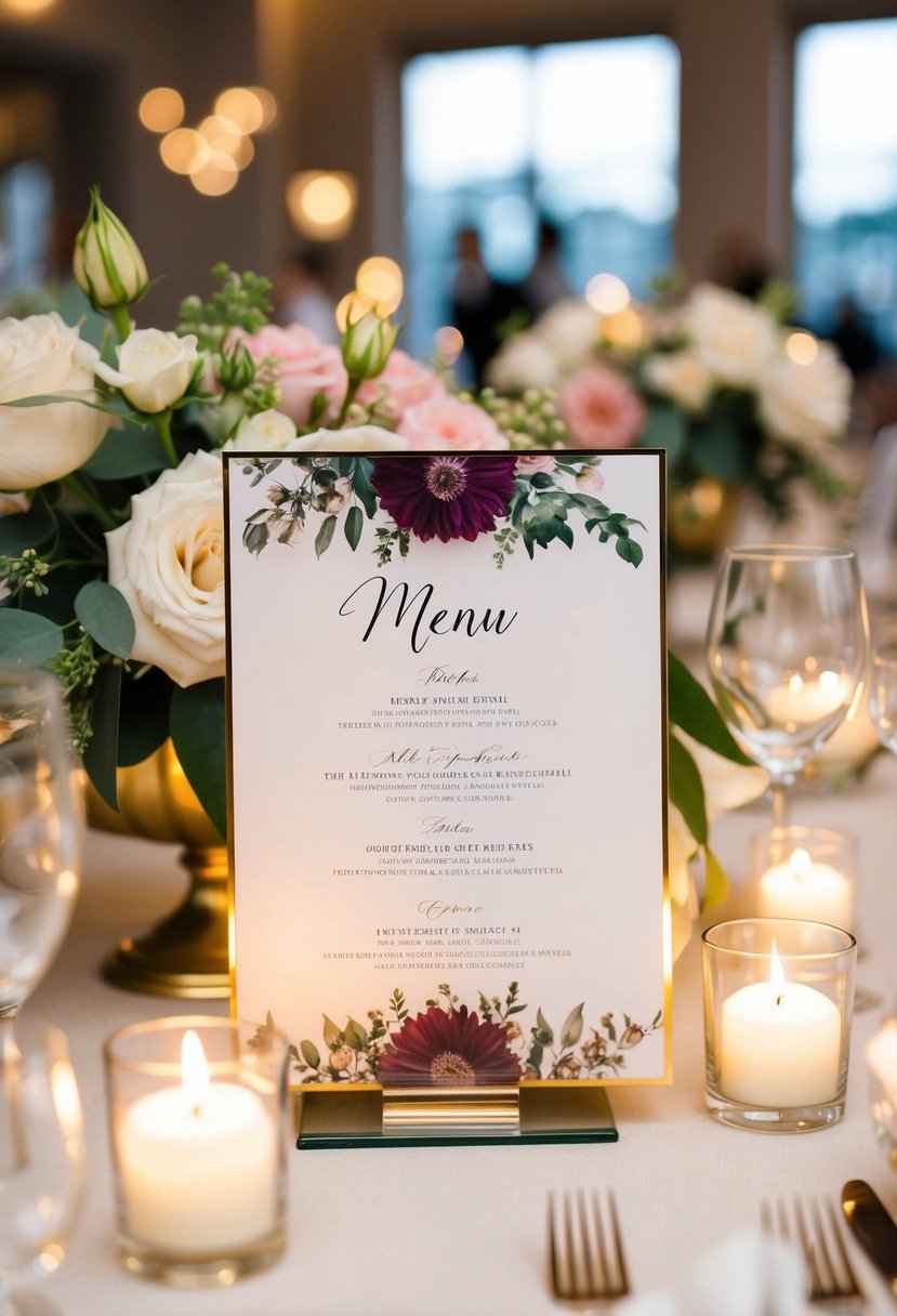 A beautifully decorated wedding reception menu displayed on a table with elegant floral centerpieces and soft candlelight