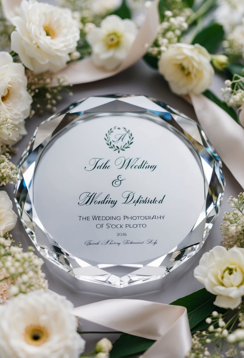 A crystal wedding plaque surrounded by delicate flowers and elegant ribbon