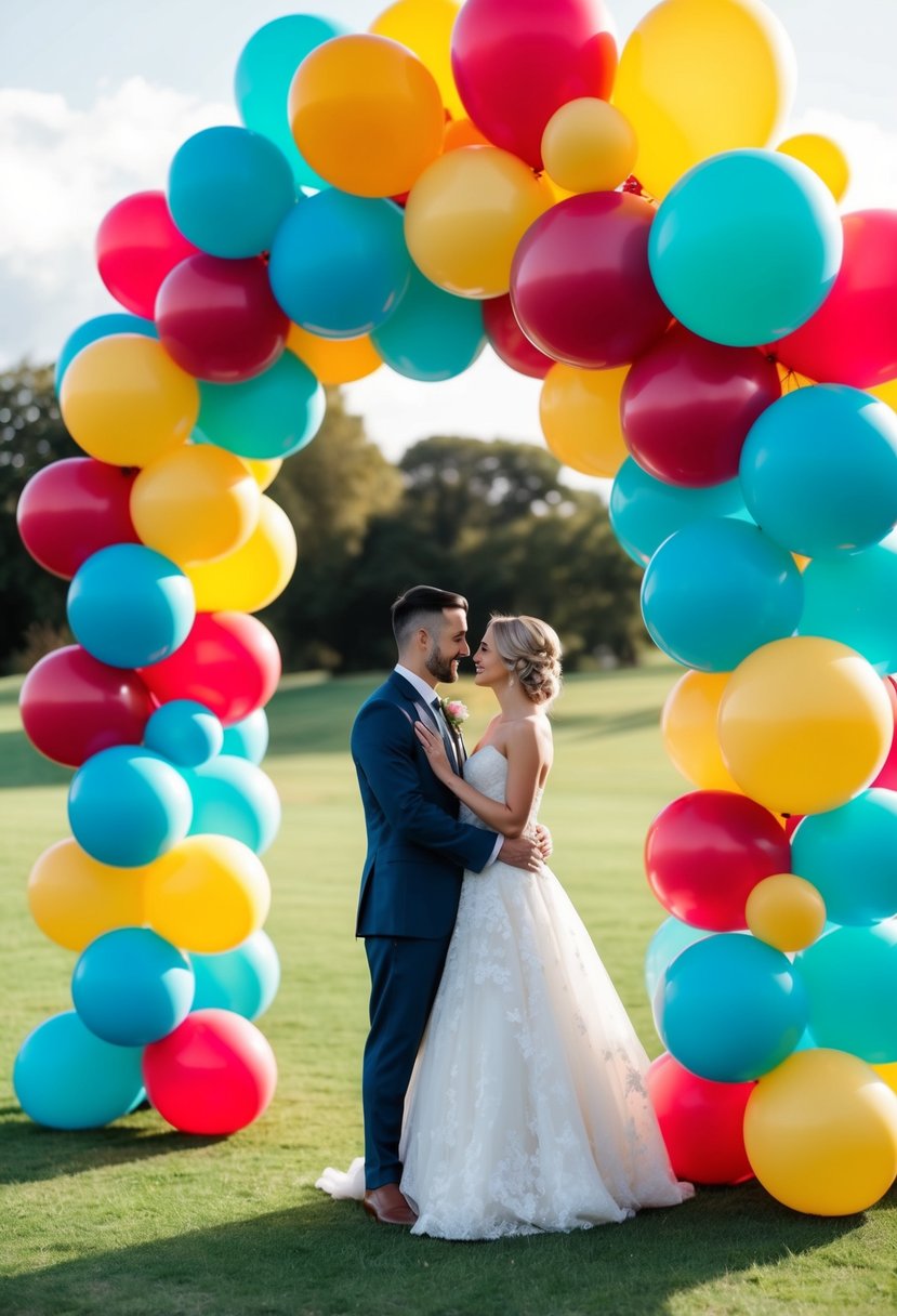 A colorful balloon arch frames a romantic wedding photo backdrop