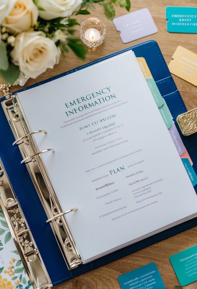 A wedding binder open to a page with emergency contact information and a plan, surrounded by colorful tabs and decorative details