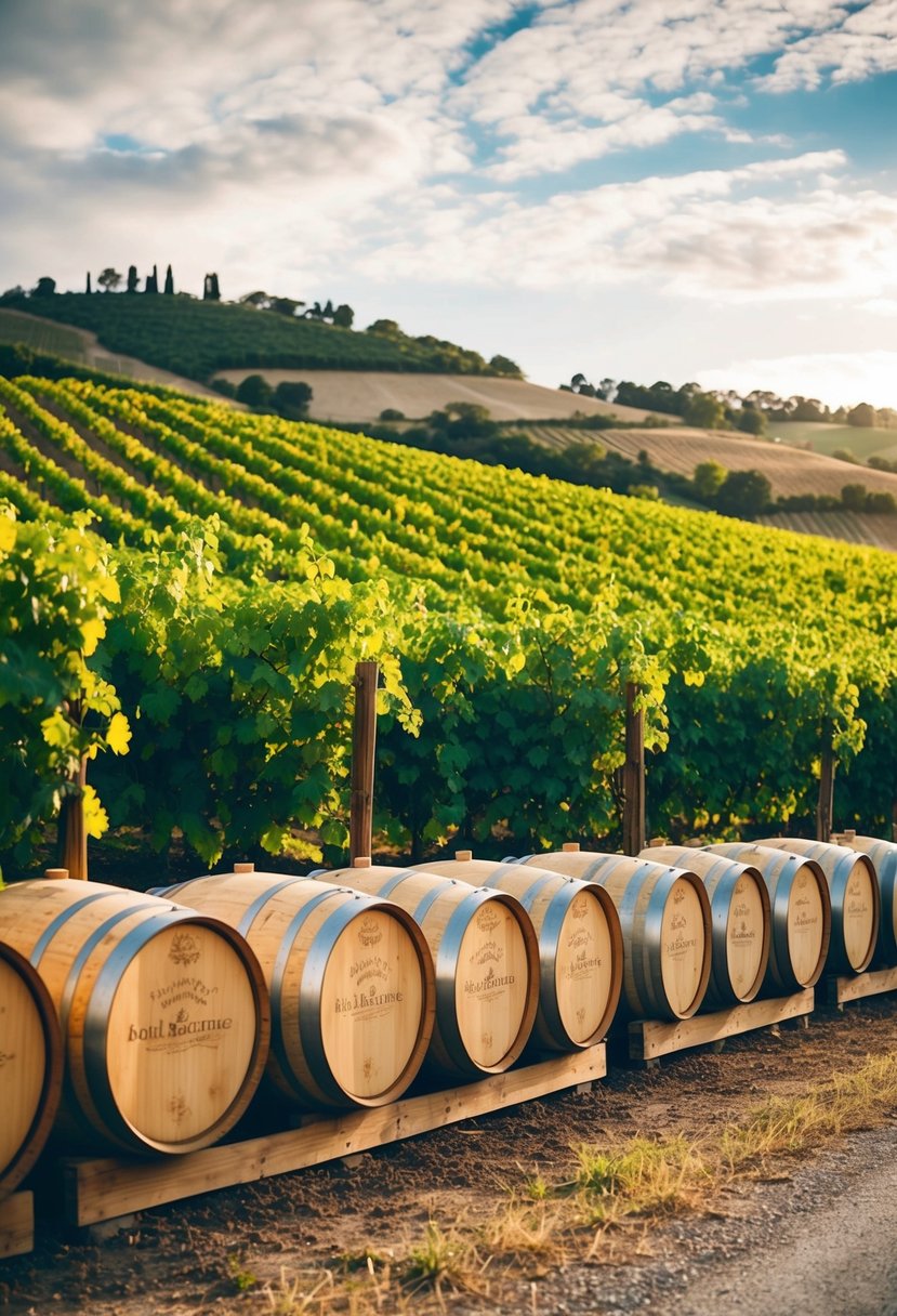 A rustic vineyard scene with rolling hills, grapevines, and wine barrels arranged in a picturesque setting