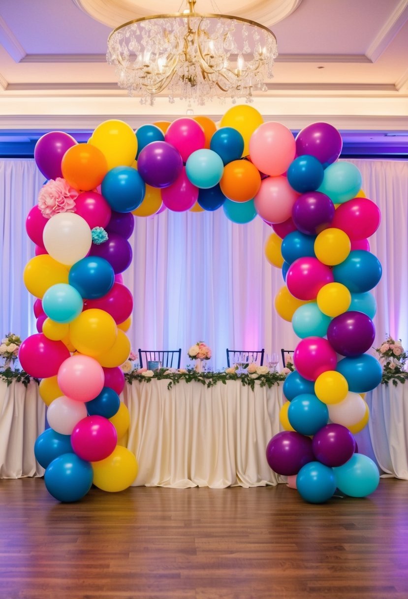 A colorful balloon arch stands as the focal point of a wedding reception, with elegant arrangements of balloons in various sizes and colors