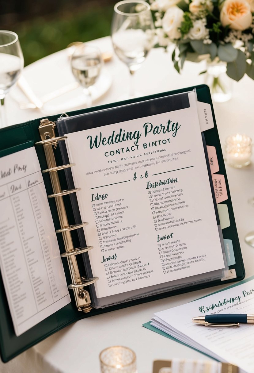 A wedding binder open on a table, with a list of bridal party contact information and various ideas and inspiration for the upcoming event