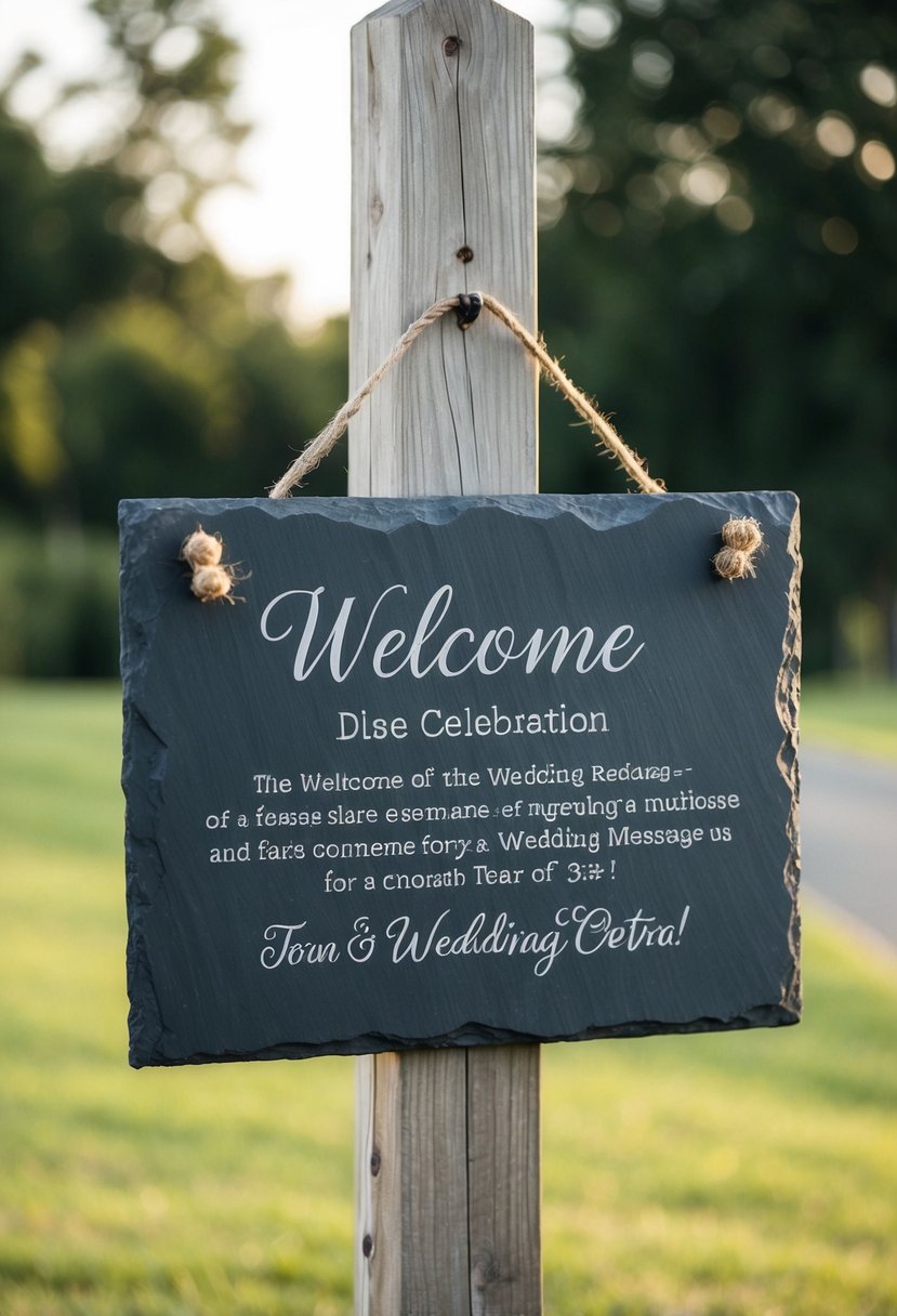 A rustic slate plaque hangs from a wooden post, engraved with a warm welcome message for a wedding celebration