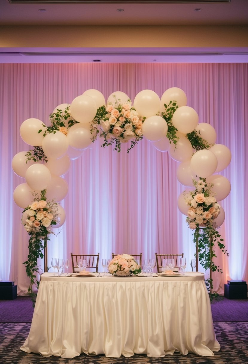 An elegant wedding head table adorned with a balloon arch