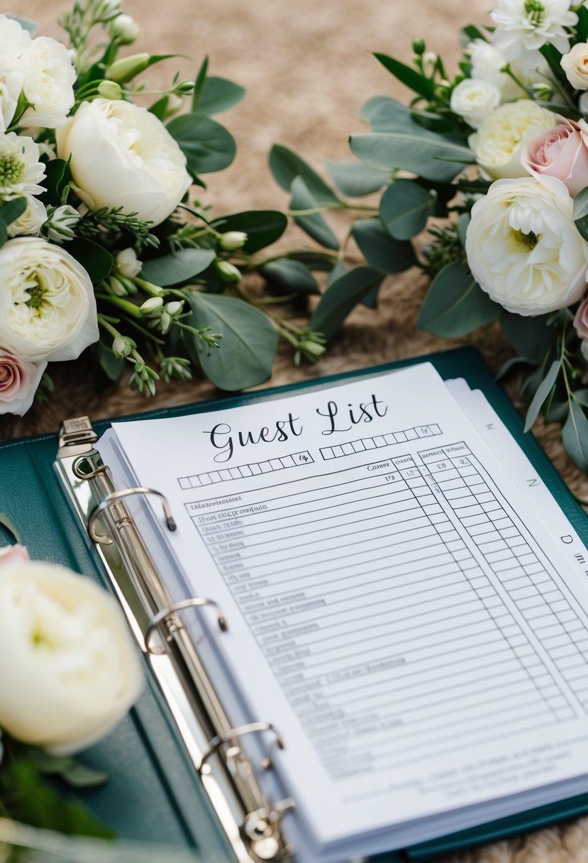 A wedding binder open to a page with a detailed guest list and RSVP tracker, surrounded by elegant floral decorations