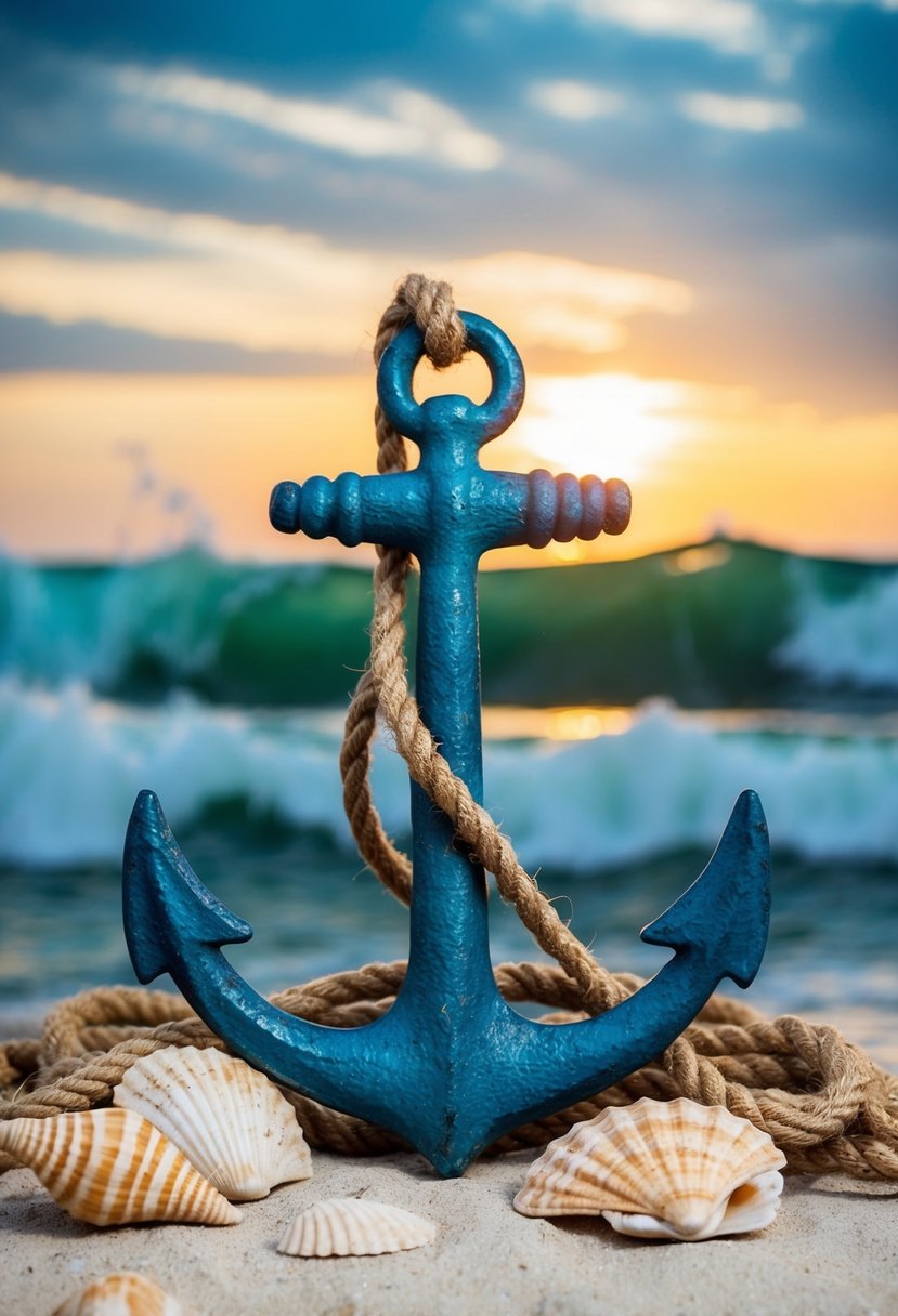 A weathered anchor plaque surrounded by seashells and rope, set against a backdrop of crashing waves and a setting sun