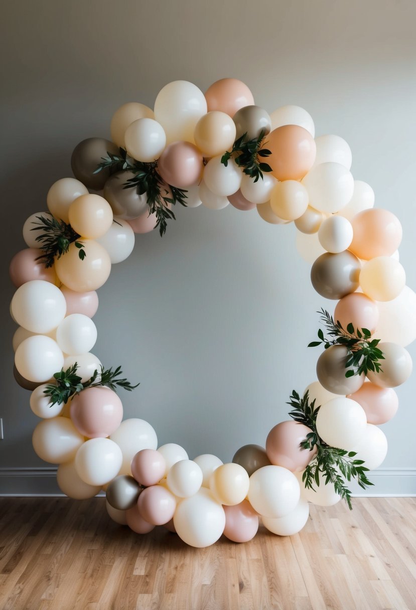 A circle-shaped wedding balloon arch made of organic balloons in various shades of white, cream, and blush, with greenery accents