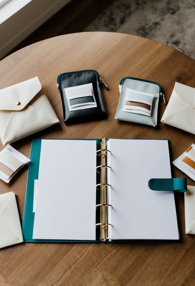 A table with an open wedding binder surrounded by envelopes and pouches filled with swatches