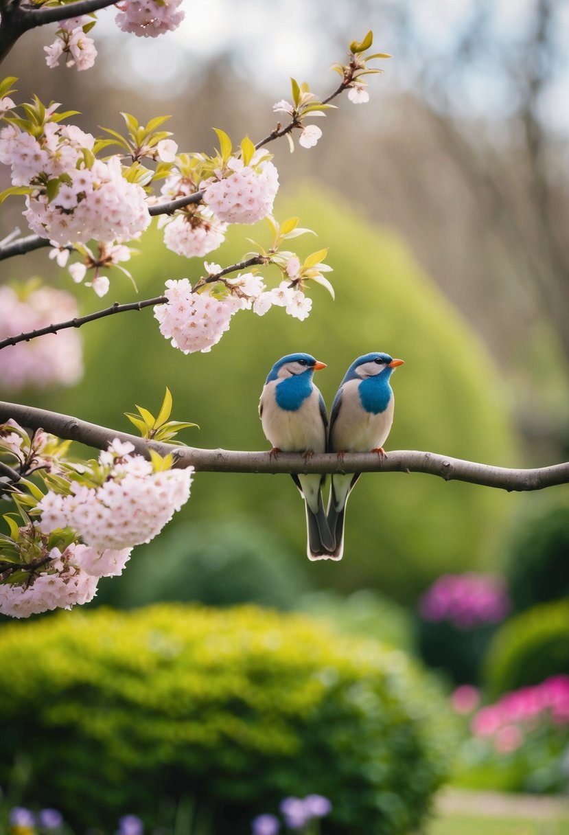 A serene garden with a blooming tree and two birds perched on a branch, symbolizing love and togetherness