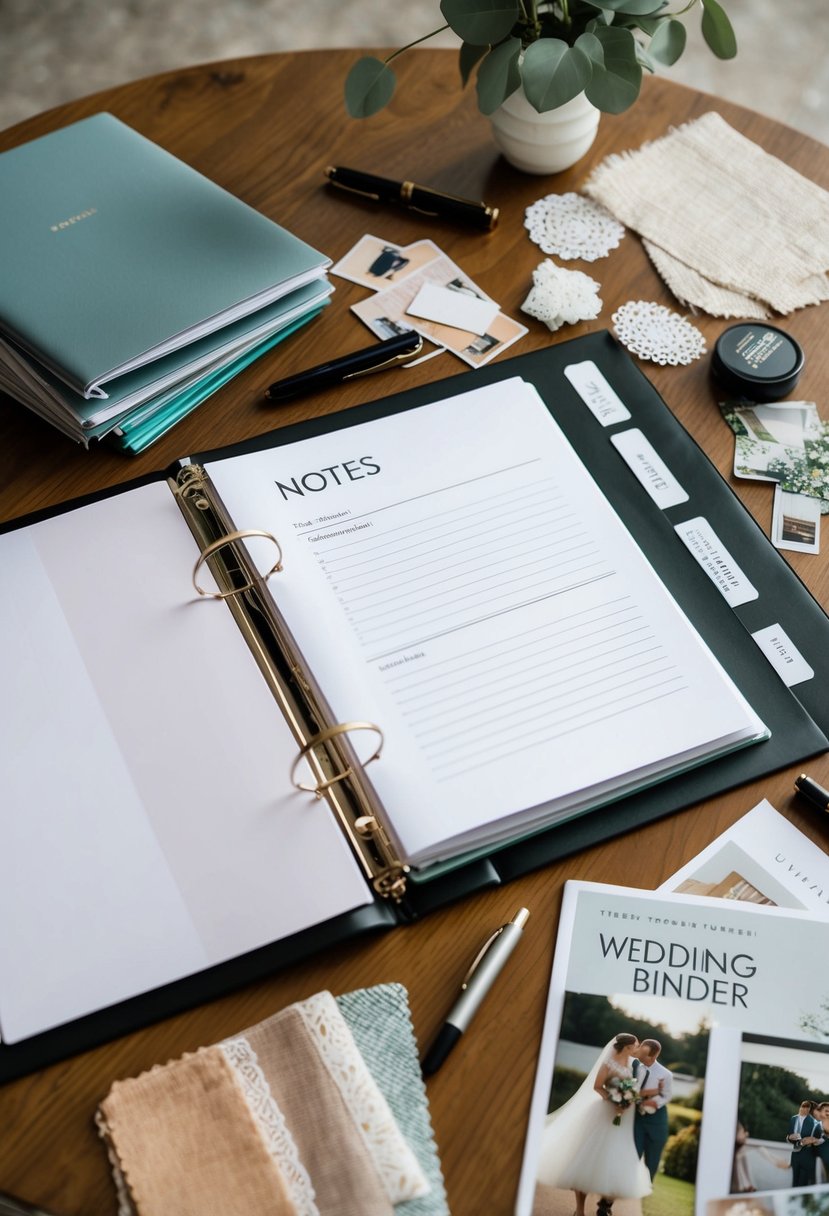 A table with a wedding binder open to the notes section, surrounded by scattered pens, fabric swatches, and magazine cutouts of wedding inspiration