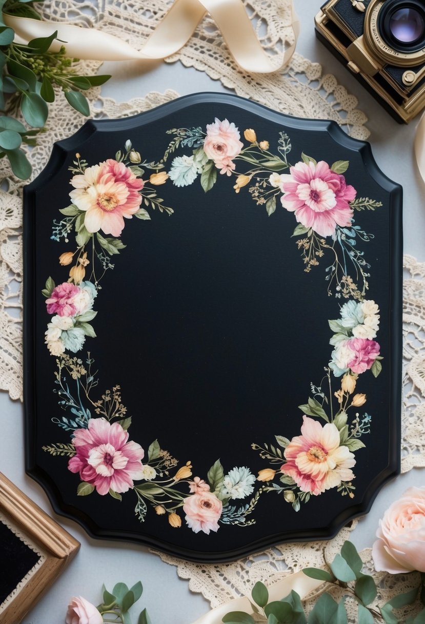 A chalkboard plaque adorned with vintage floral designs, surrounded by delicate lace and ribbon accents