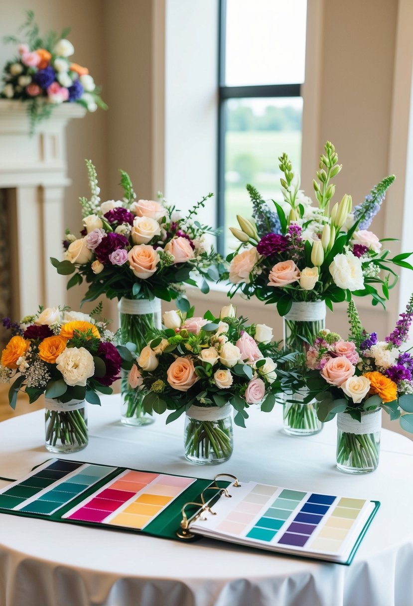 A table with various flower arrangements, each representing a different meaning, displayed in a wedding binder alongside color swatches and fabric samples