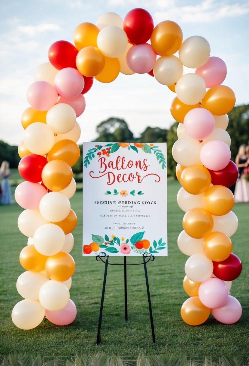 A festive wedding balloon arch frames a sign with balloon decor