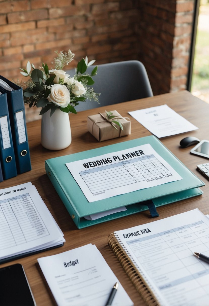 A wedding planner's desk with budget tracker, receipts, and binder full of expense ideas