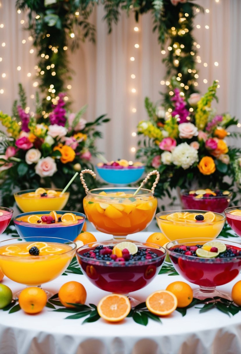 A table with various colorful and elegant punch bowls surrounded by fresh fruit and decorative garnishes, set against a backdrop of floral arrangements and twinkling lights