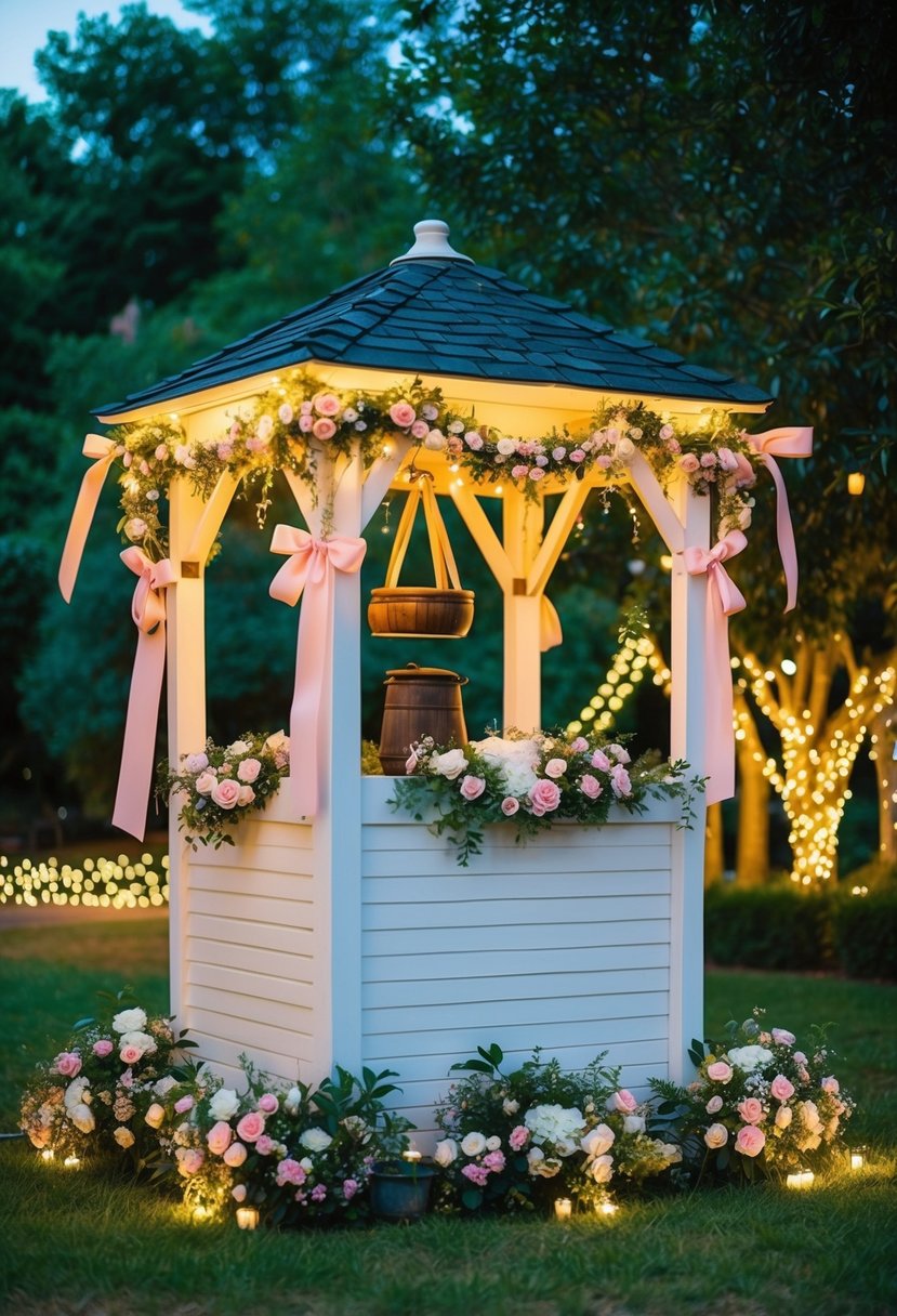 A picturesque wishing well adorned with flowers and ribbons, surrounded by twinkling lights and lush greenery, creating a romantic and magical ambiance for a wedding celebration