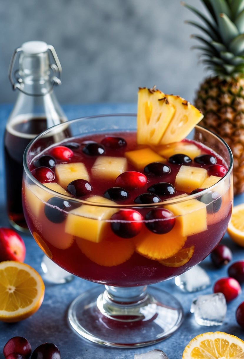 A glass punch bowl filled with cranberry pineapple ginger ale punch, surrounded by fresh fruit and ice