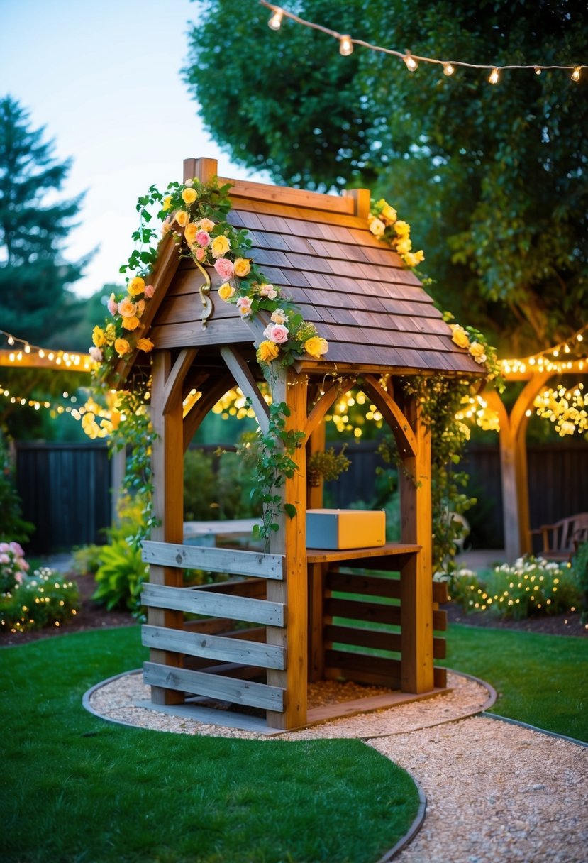 A quaint wooden wishing well adorned with flowers and vines, set in a charming garden with twinkling lights and a serene atmosphere