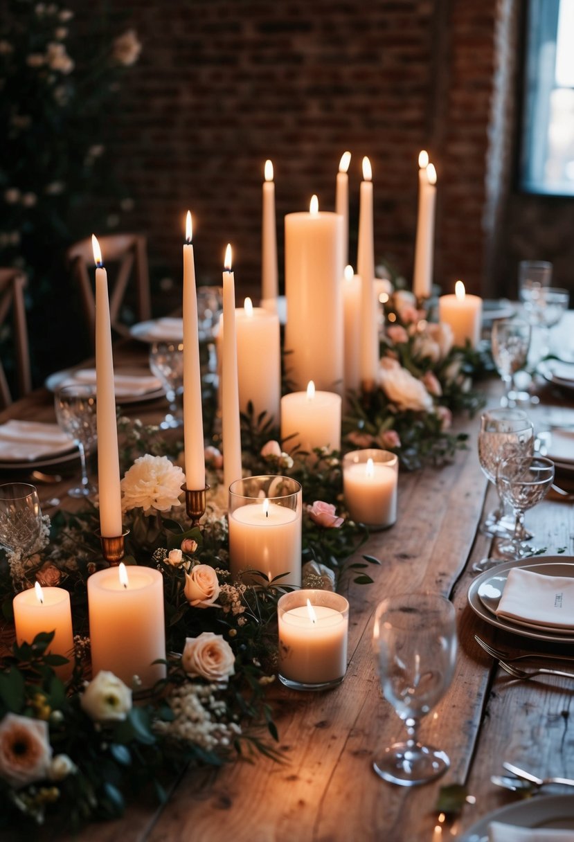 A rustic wooden table adorned with elegant candles in various sizes and shapes, surrounded by delicate floral arrangements and soft, romantic lighting