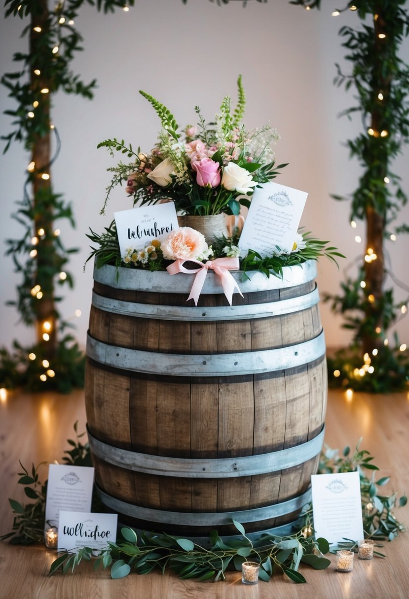 A rustic wooden barrel with flowers, ribbons, and well-wishes cards, surrounded by twinkling string lights and greenery