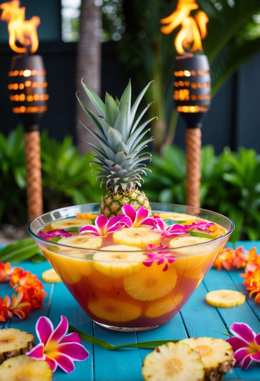 A colorful tropical fruit punch bowl with floating flowers and pineapple slices, surrounded by tiki torches and leis