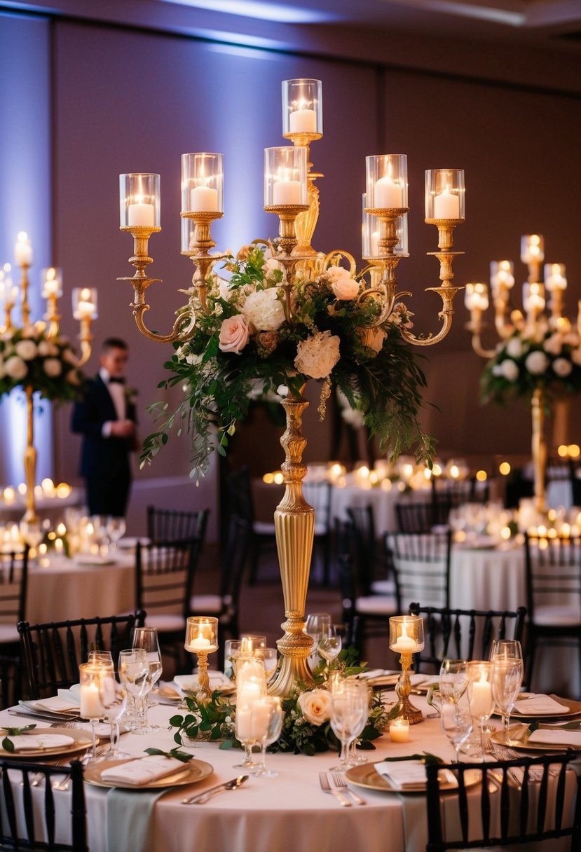 Candelabras stand tall on each table, casting a warm glow over the elegant wedding reception. Flowers and greenery adorn the ornate candle holders, creating a striking centerpiece