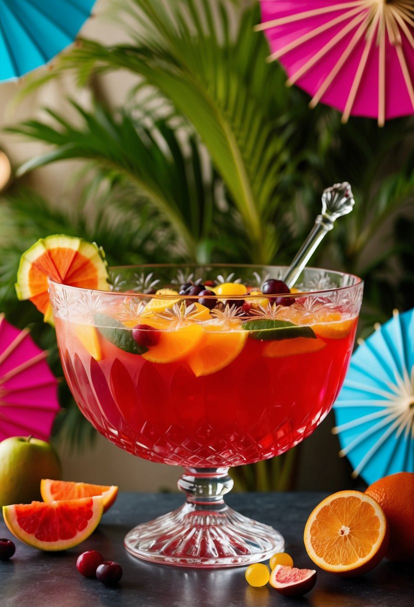 A large, crystal punch bowl filled with a vibrant red hurricane punch, surrounded by tropical fruits and colorful paper umbrellas