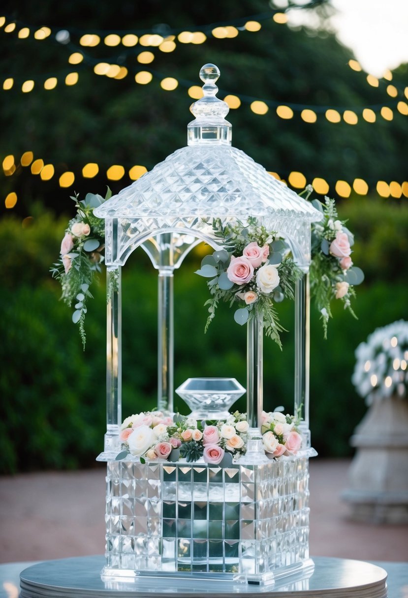 An elegant crystal wishing well adorned with delicate floral arrangements, set against a backdrop of twinkling fairy lights and lush greenery