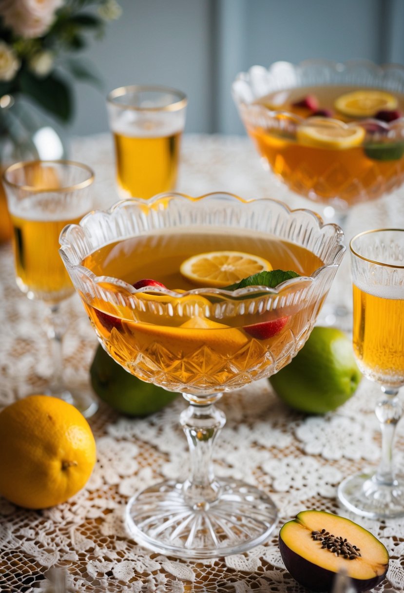 A crystal punch bowl filled with golden liquid, surrounded by fresh fruit and sparkling glasses on a lace-covered table