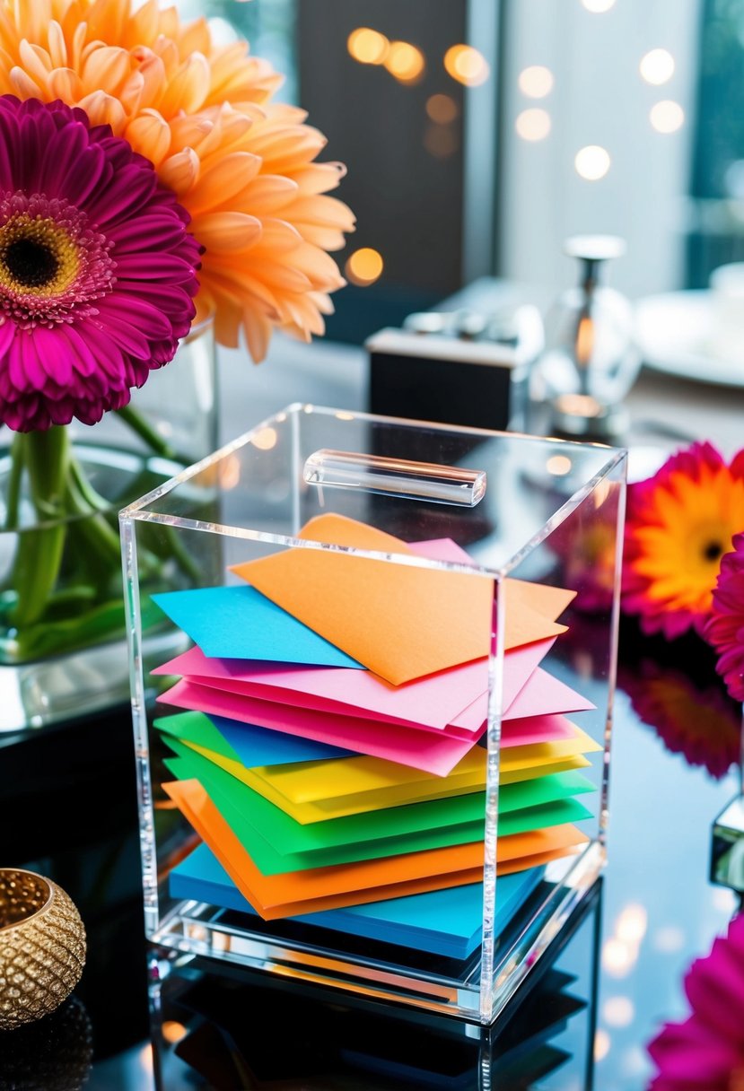 A clear acrylic box filled with colorful paper notes, surrounded by modern decor and vibrant flowers