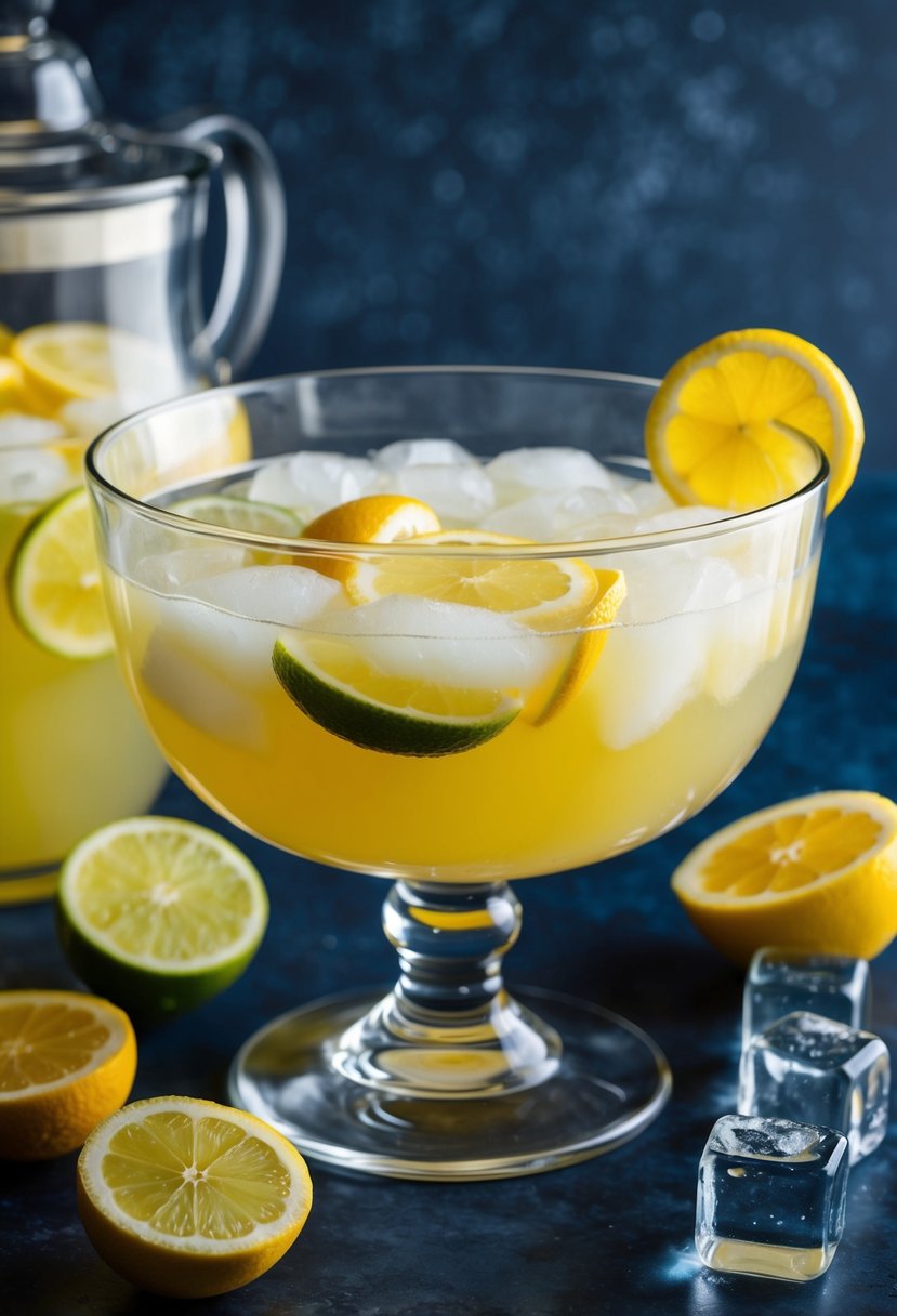 A glass punch bowl filled with Sherbet Lemon-Lime Punch, surrounded by slices of fresh fruit and ice cubes