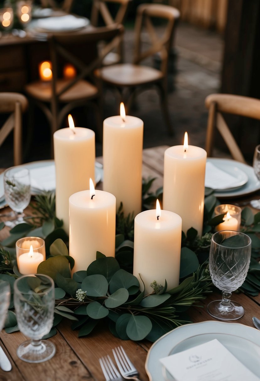 Pillar candles arranged with greenery on wooden table for rustic wedding ambiance