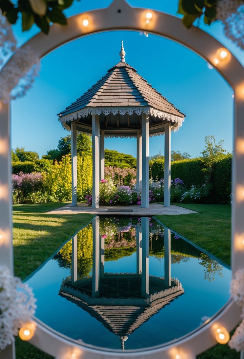 A mirror-panel wishing well reflects a lush garden with blooming flowers and a clear blue sky, surrounded by twinkling lights and delicate lace accents