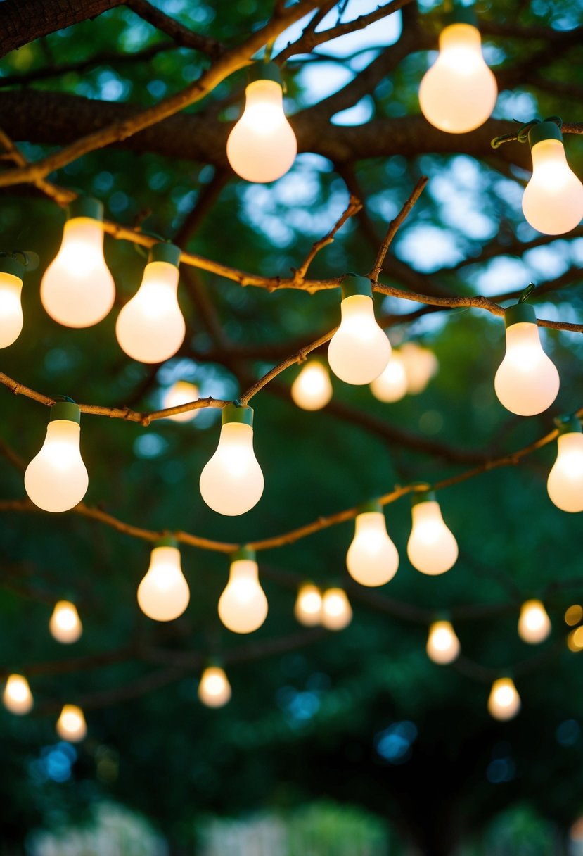 Tea lights hanging from tree branches, creating a romantic ambiance for a wedding celebration