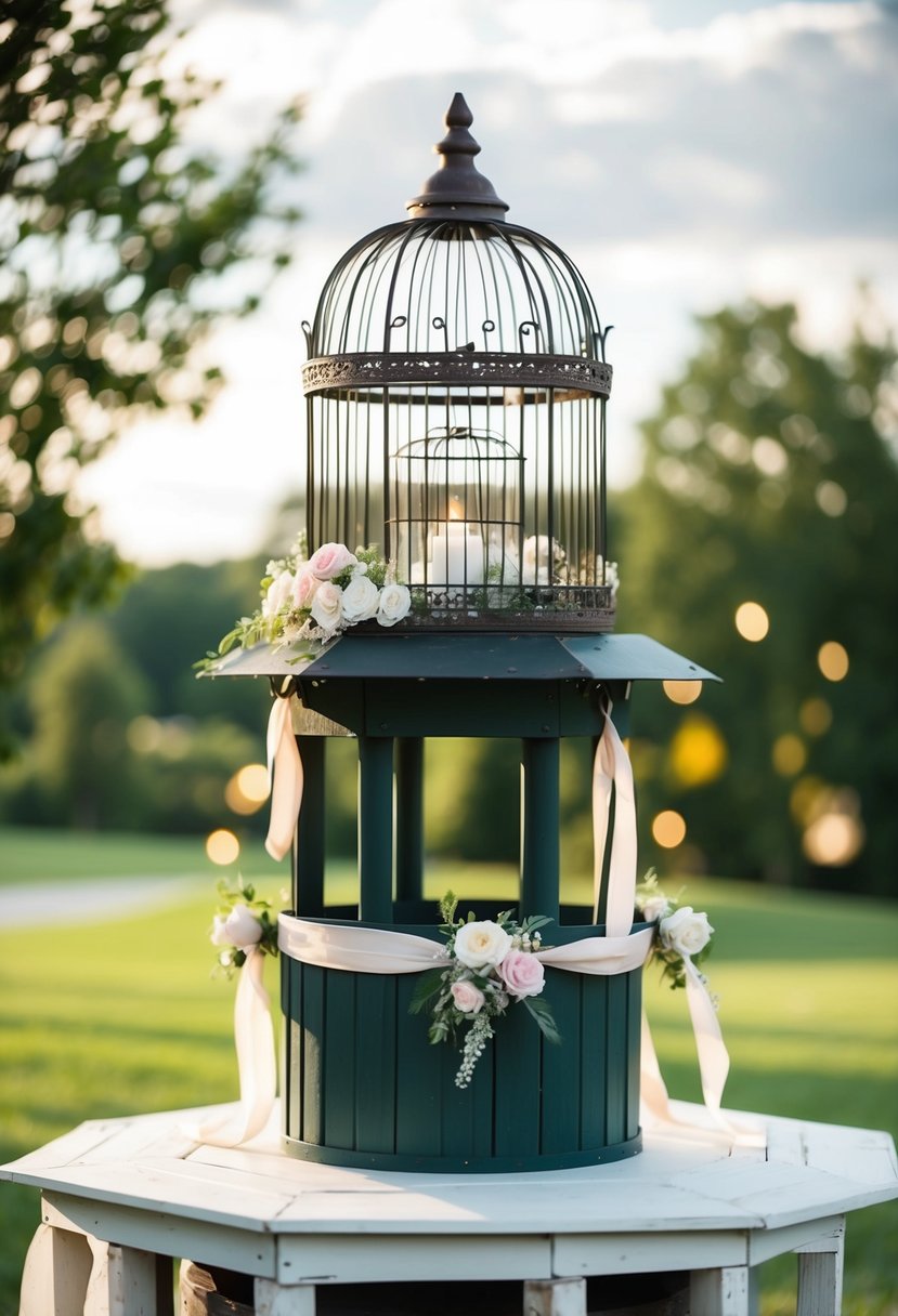 A vintage birdcage sits atop a wishing well, adorned with flowers and ribbons, a charming addition to a wedding celebration