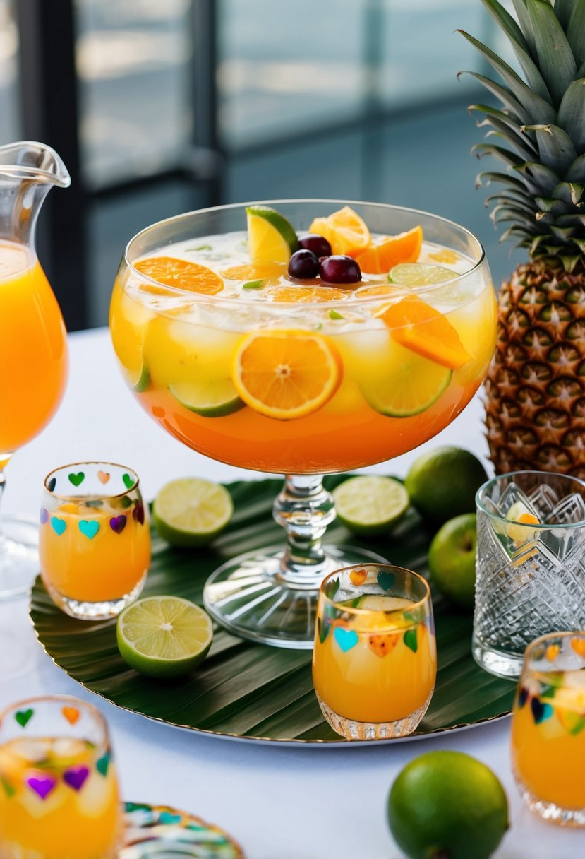 A festive wedding punch bowl filled with vibrant orange limeade and pineapple punch, surrounded by fresh fruit garnishes and decorative glassware