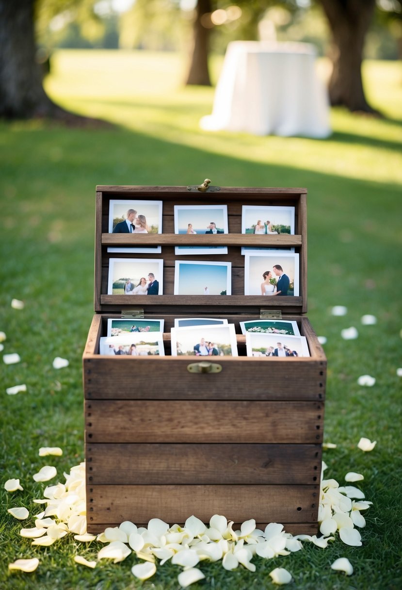 A rustic wooden box filled with printed photos and surrounded by flower petals, set up as a wishing well at a wedding