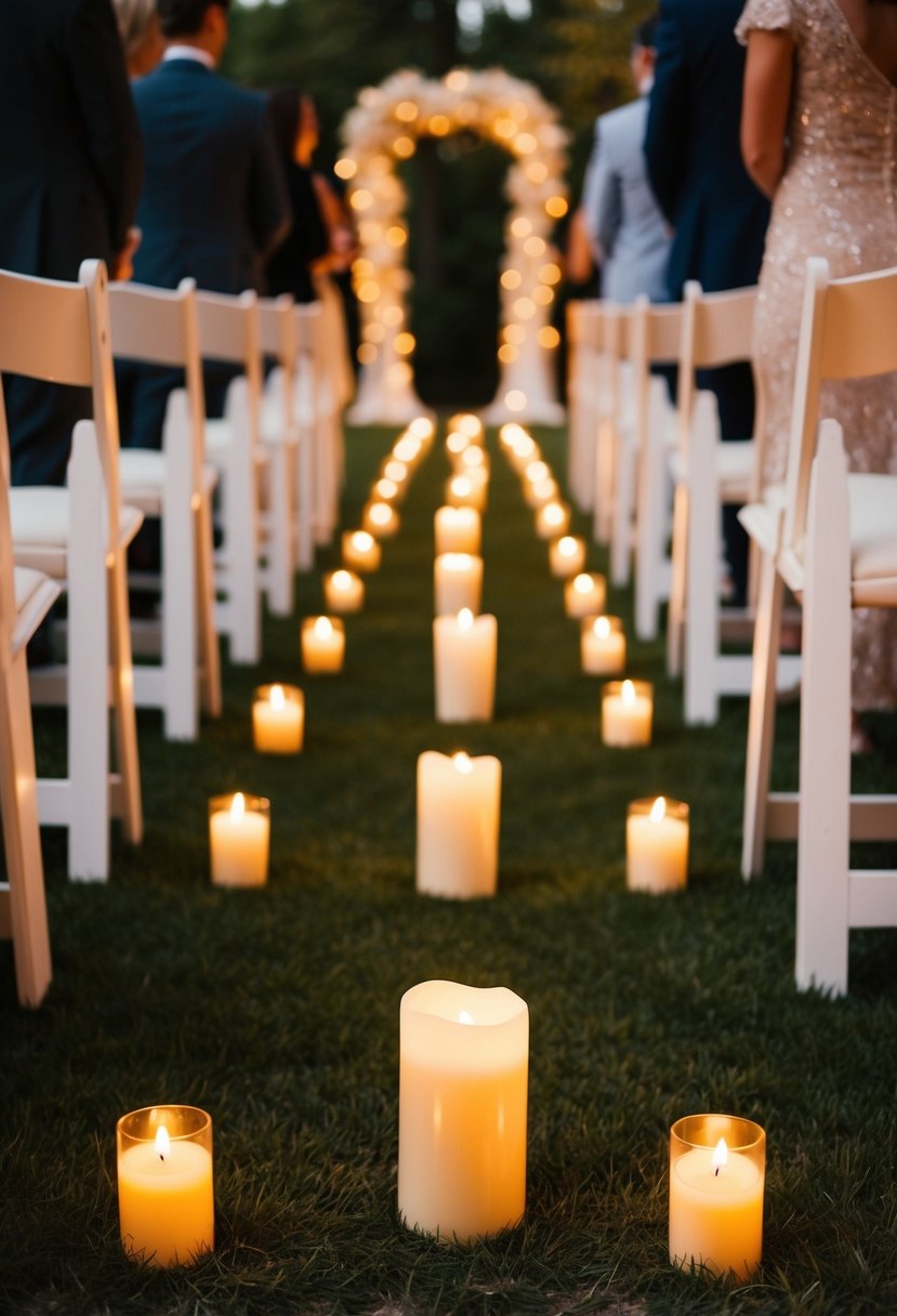 A romantic aisle lined with glowing candles, casting a warm and intimate glow for a wedding ceremony