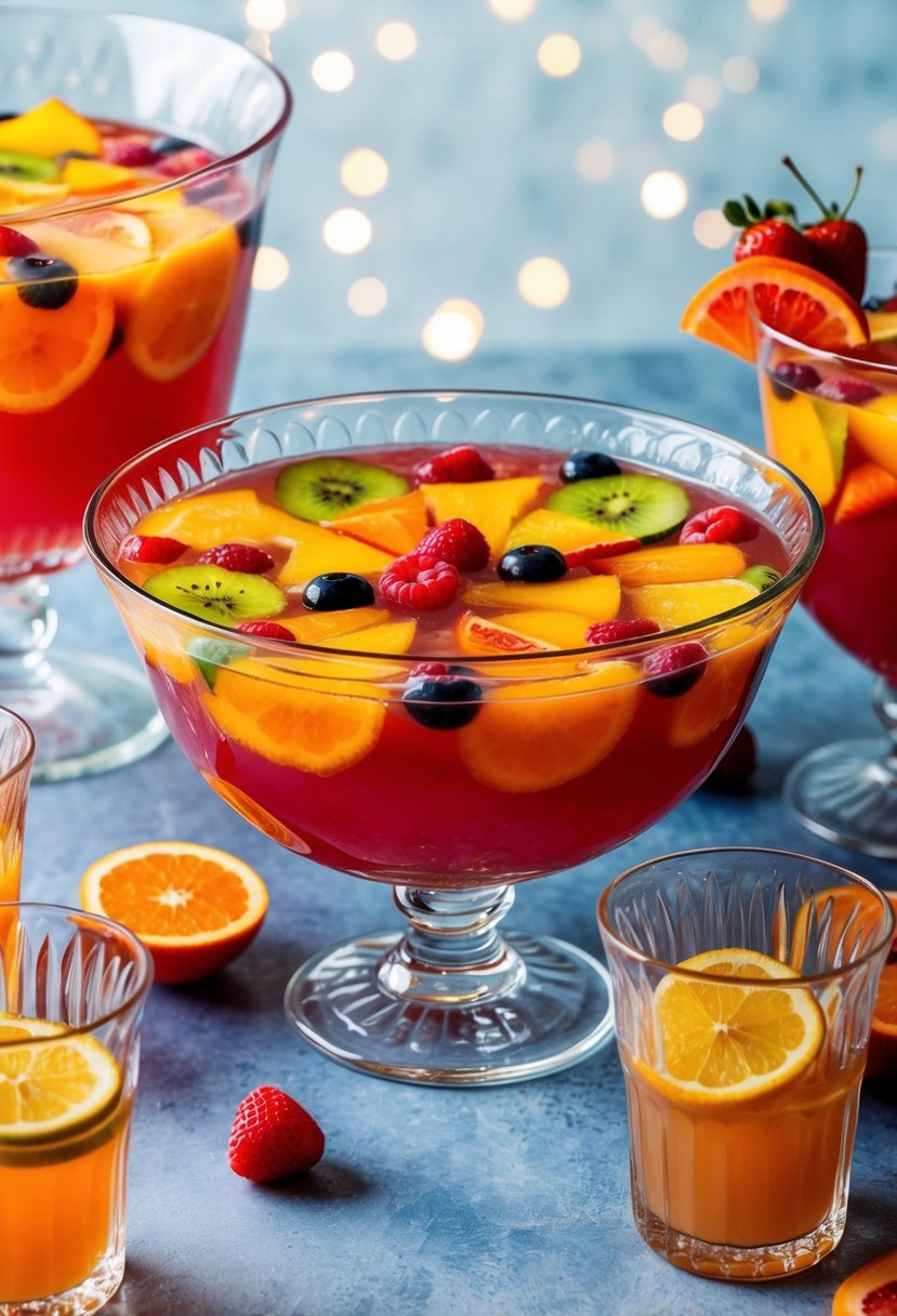 A glass punch bowl filled with colorful fruit punch, surrounded by elegant glass cups and garnished with fresh fruit slices