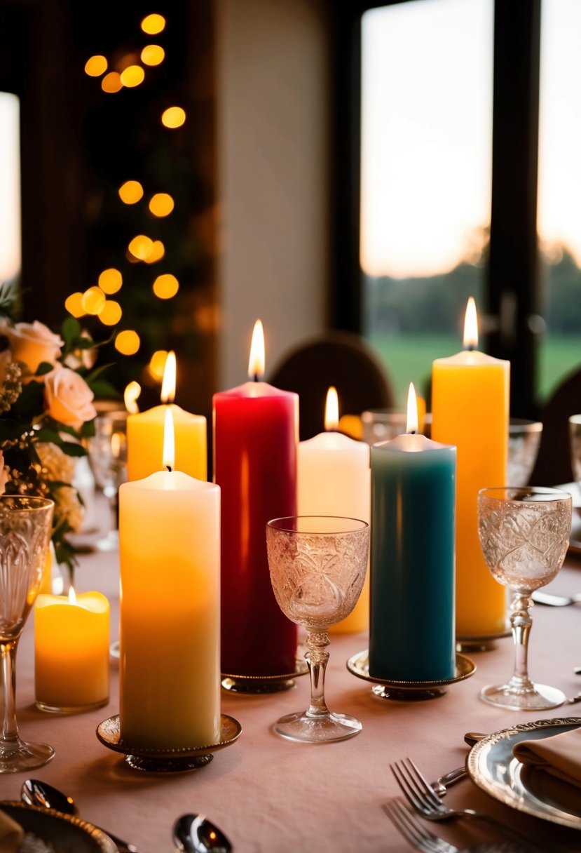 A table adorned with various colored candles in elegant holders, casting a warm and romantic glow for a personalized touch at a wedding