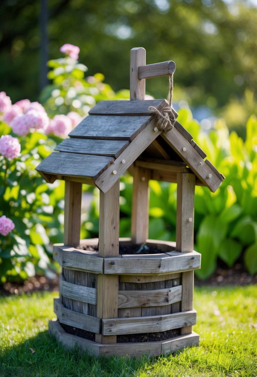 A rustic wooden mini garden planter shaped like a wishing well, surrounded by blooming flowers and greenery