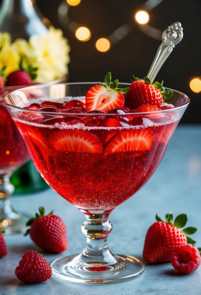 A glass punch bowl filled with sparkling red jello punch, garnished with fresh strawberries and raspberries