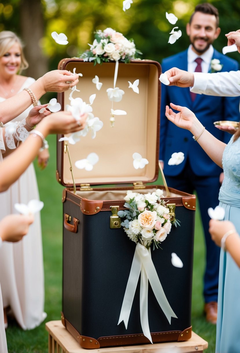 A vintage suitcase transformed into a wishing well, adorned with flowers and ribbons, surrounded by wedding guests tossing in their well-wishes