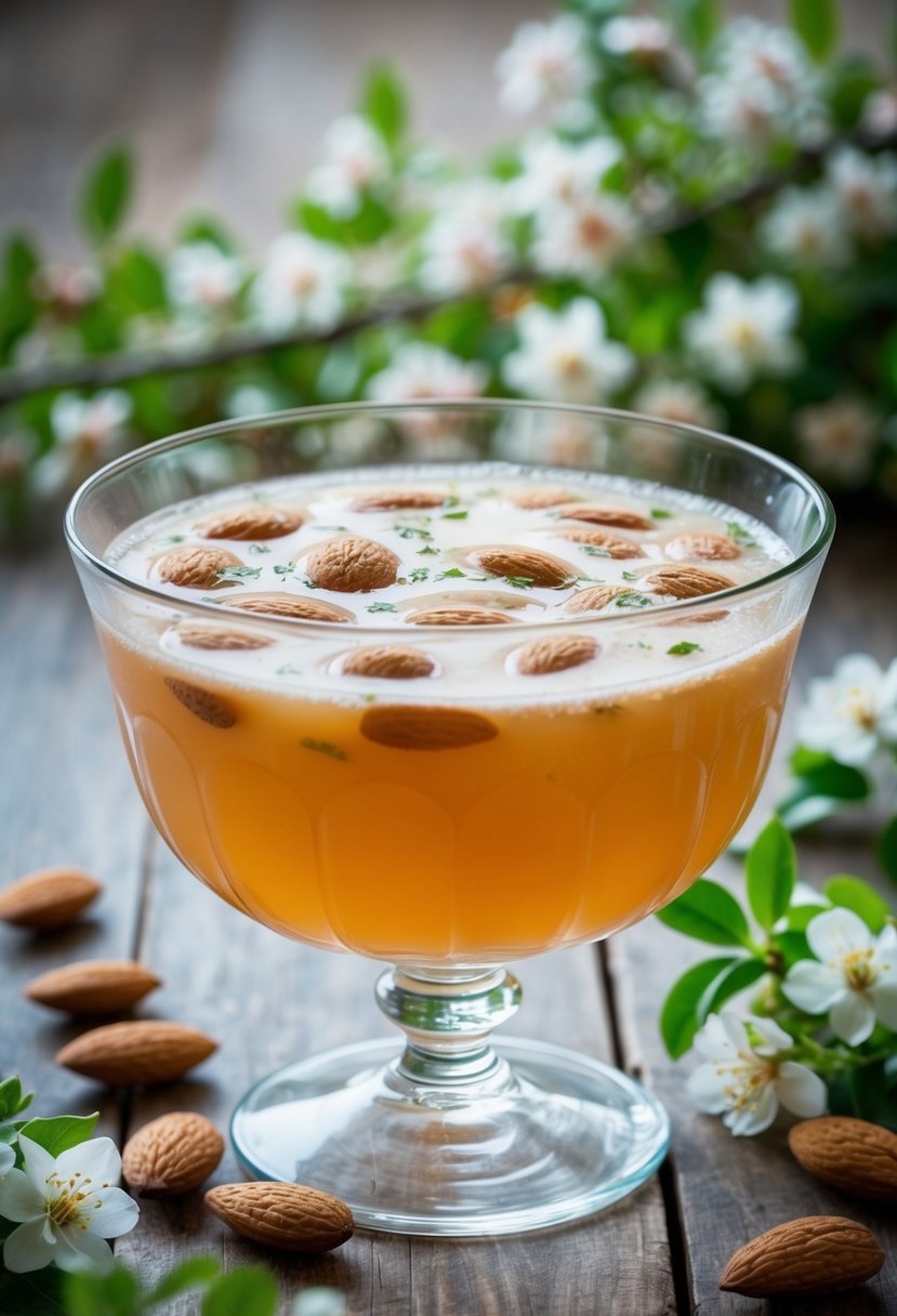 A glass punch bowl filled with almond flavored punch, surrounded by delicate almond blossoms and greenery