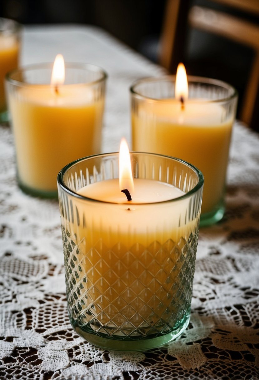 Candles in textured glass holders on a lace tablecloth