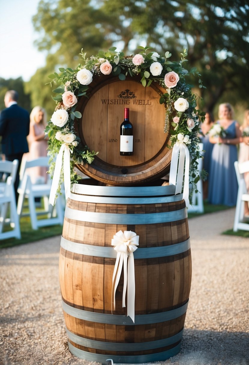 A rustic wine barrel converted into a wishing well, adorned with flowers and ribbons, serving as a unique wedding décor idea