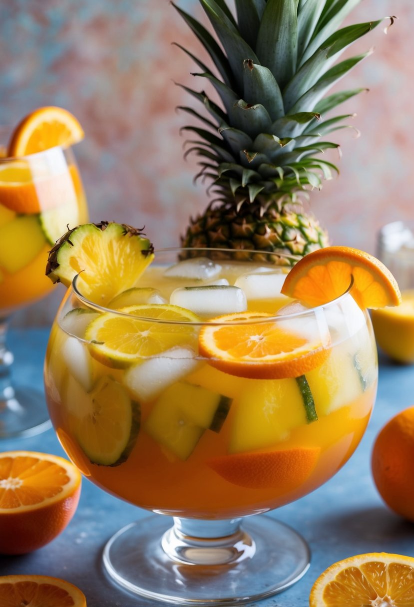 A glass punch bowl filled with a vibrant blend of tropical pineapple and orange, adorned with slices of fresh fruit and ice cubes